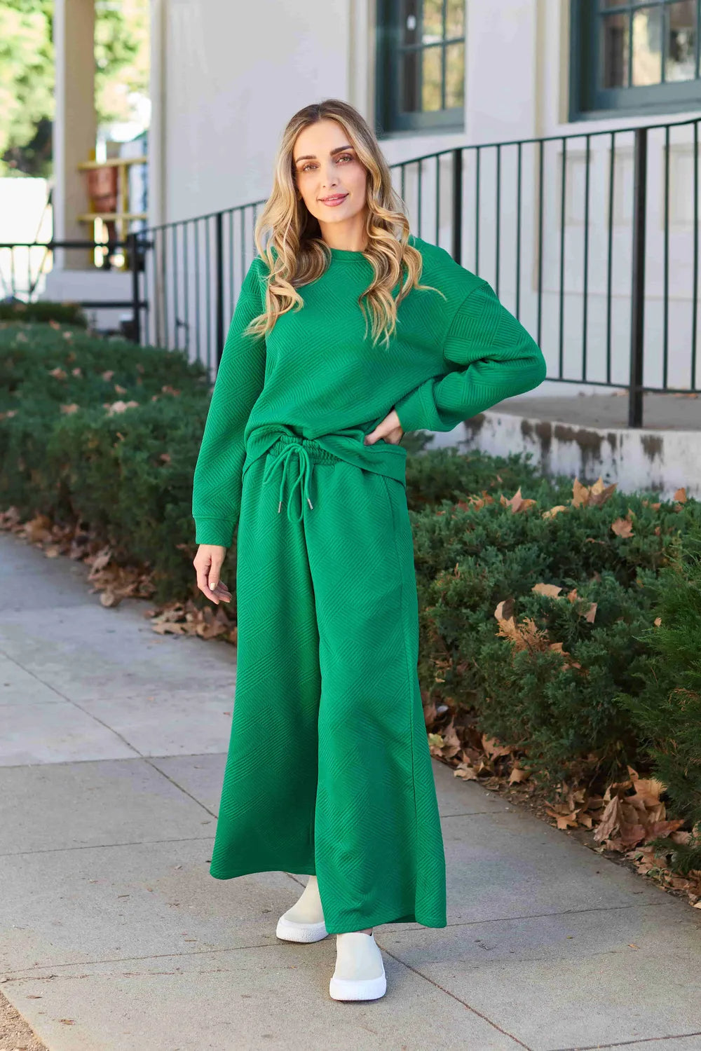 Double Take Full Size Textured Long Sleeve Top and Drawstring Pants Set Green / S