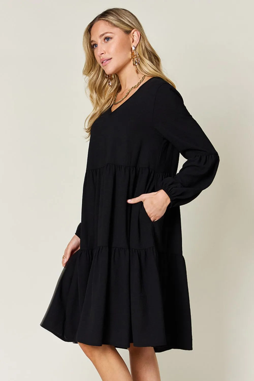 Double Take Full Size V Neck Balloon Sleeve Tiered Dress with Pockets