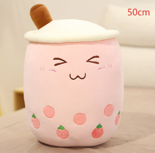 Cute Fruit Drink Plush Stuffed Soft Strawberry Milk Tea Boba Cup Toy Bubble Pillow Cushion Kids Gift Pink / 50CM