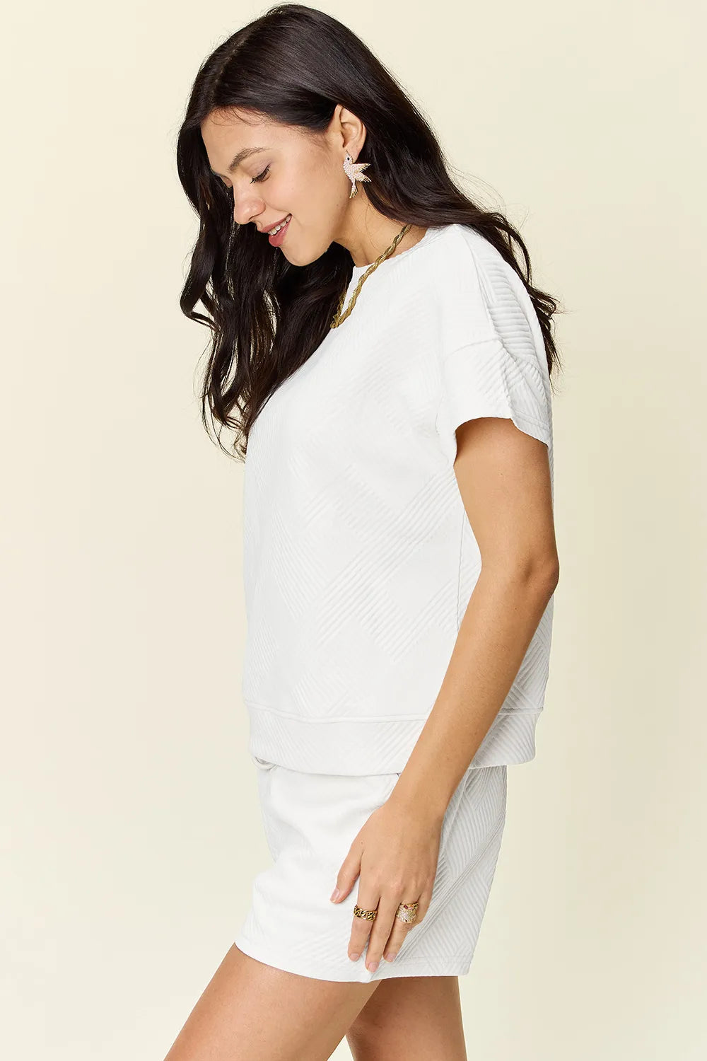 Double Take Full Size Texture Short Sleeve T Shirt and Drawstring Shorts Set