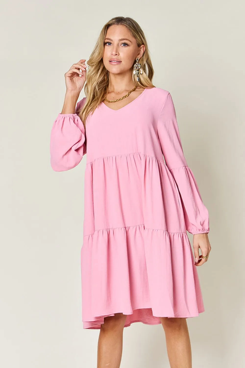 Double Take Full Size V Neck Balloon Sleeve Tiered Dress with Pockets Pink / S