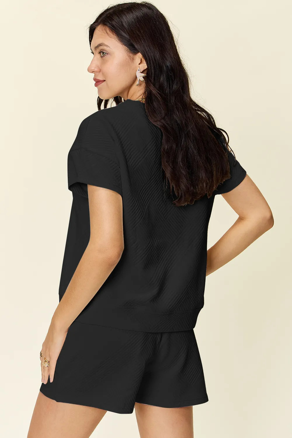 Double Take Full Size Texture Short Sleeve T Shirt and Drawstring Shorts Set