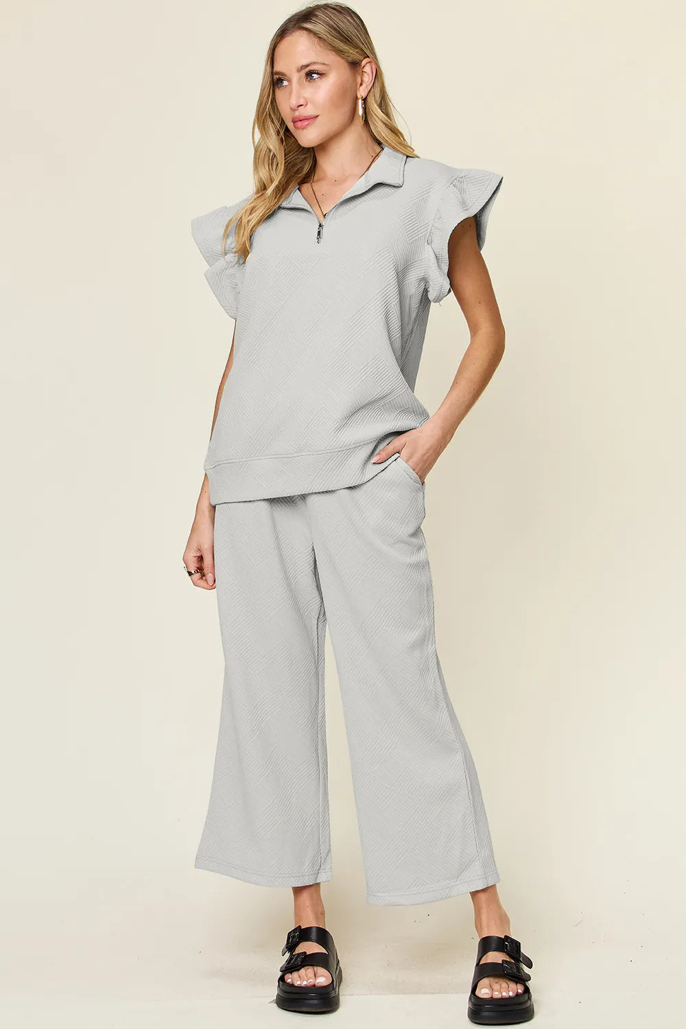 Double Take Texture Ruffle Short Sleeve Top and Drawstring Wide Leg Pants Set Light Gray / S
