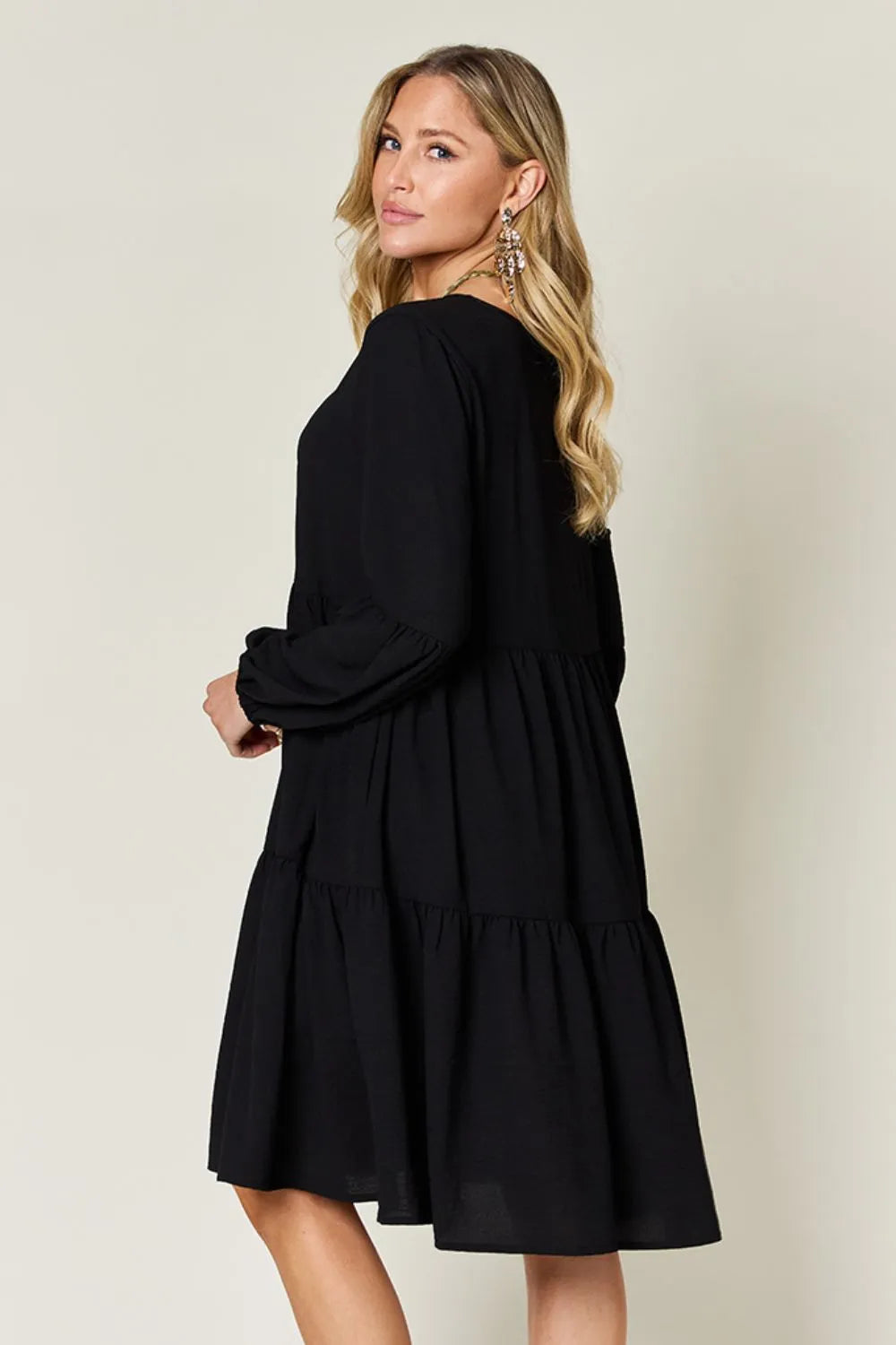 Double Take Full Size V Neck Balloon Sleeve Tiered Dress with Pockets