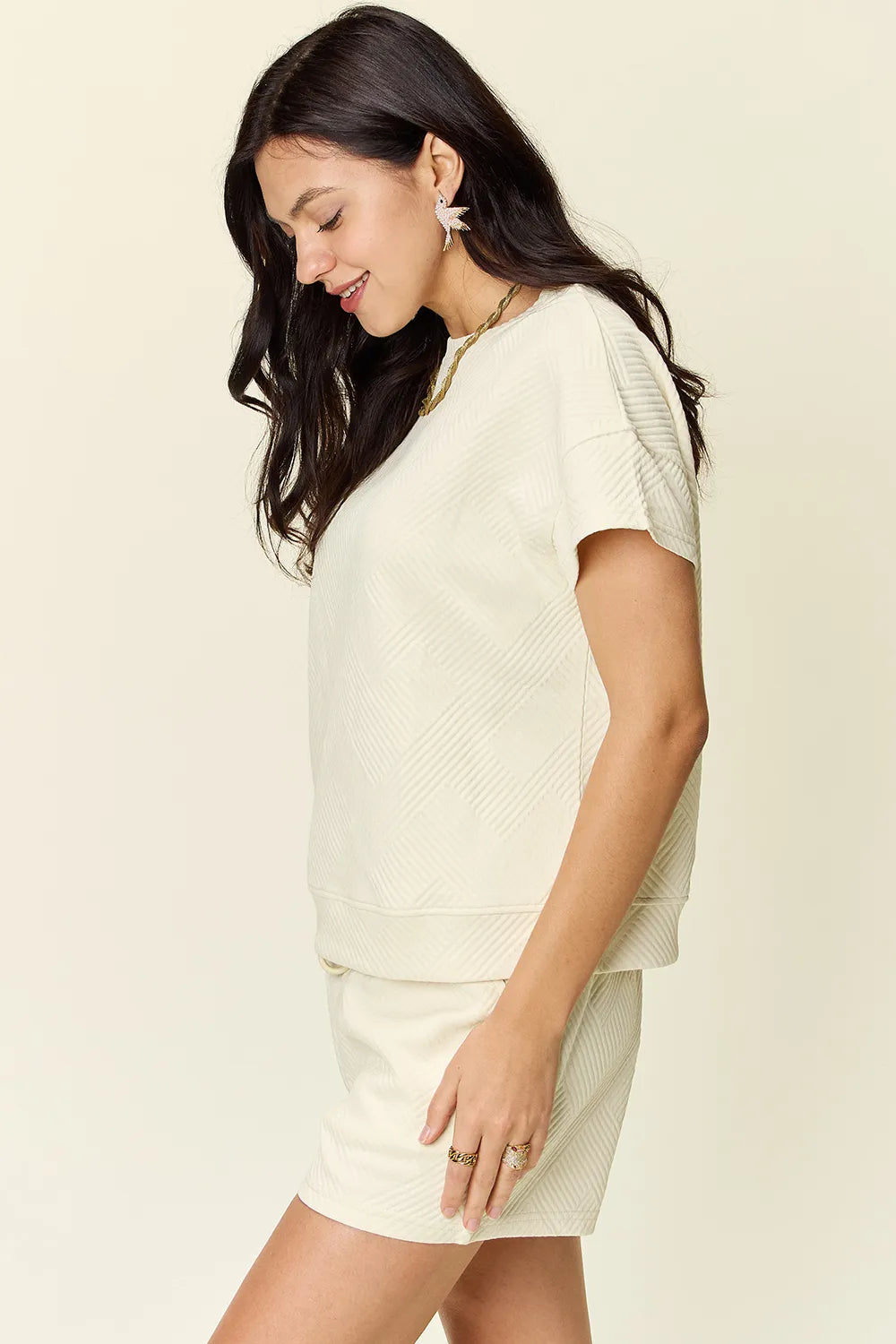 Double Take Full Size Texture Short Sleeve T Shirt and Drawstring Shorts Set