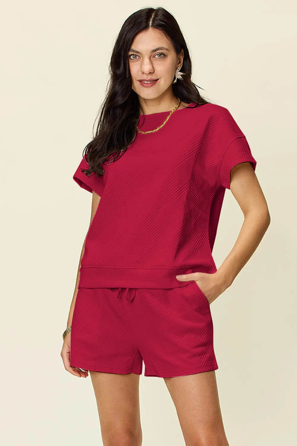 Double Take Full Size Texture Short Sleeve T Shirt and Drawstring Shorts Set Deep Red / S