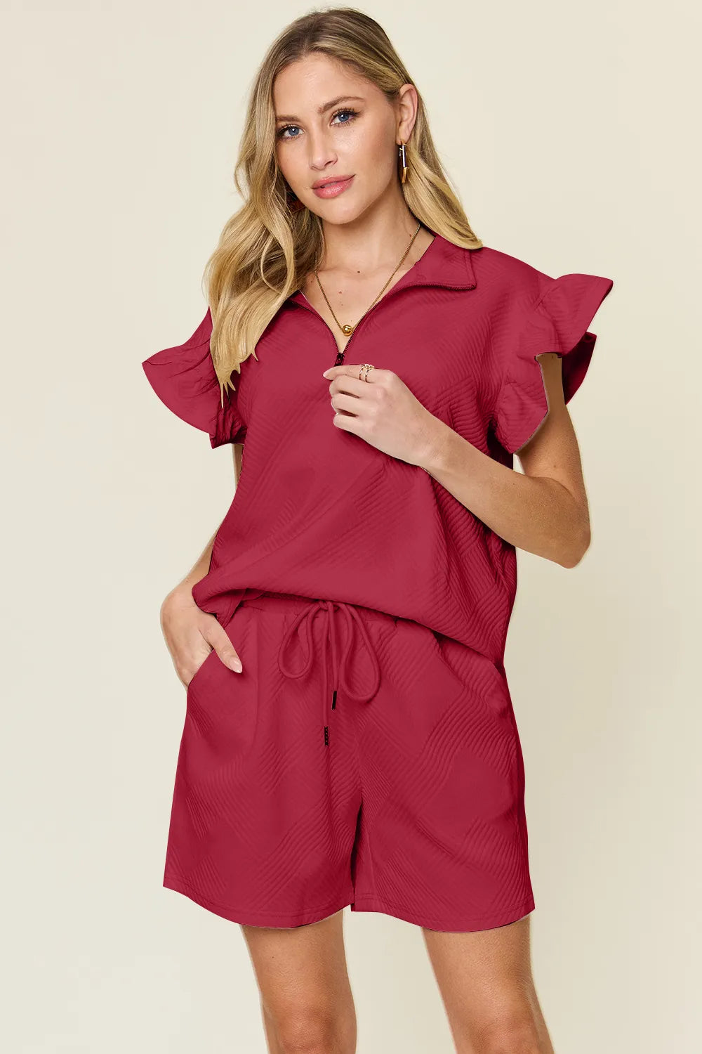 Double Take Full Size Texture Flounce Sleeve Top and Drawstring Shorts Set Deep Red / S