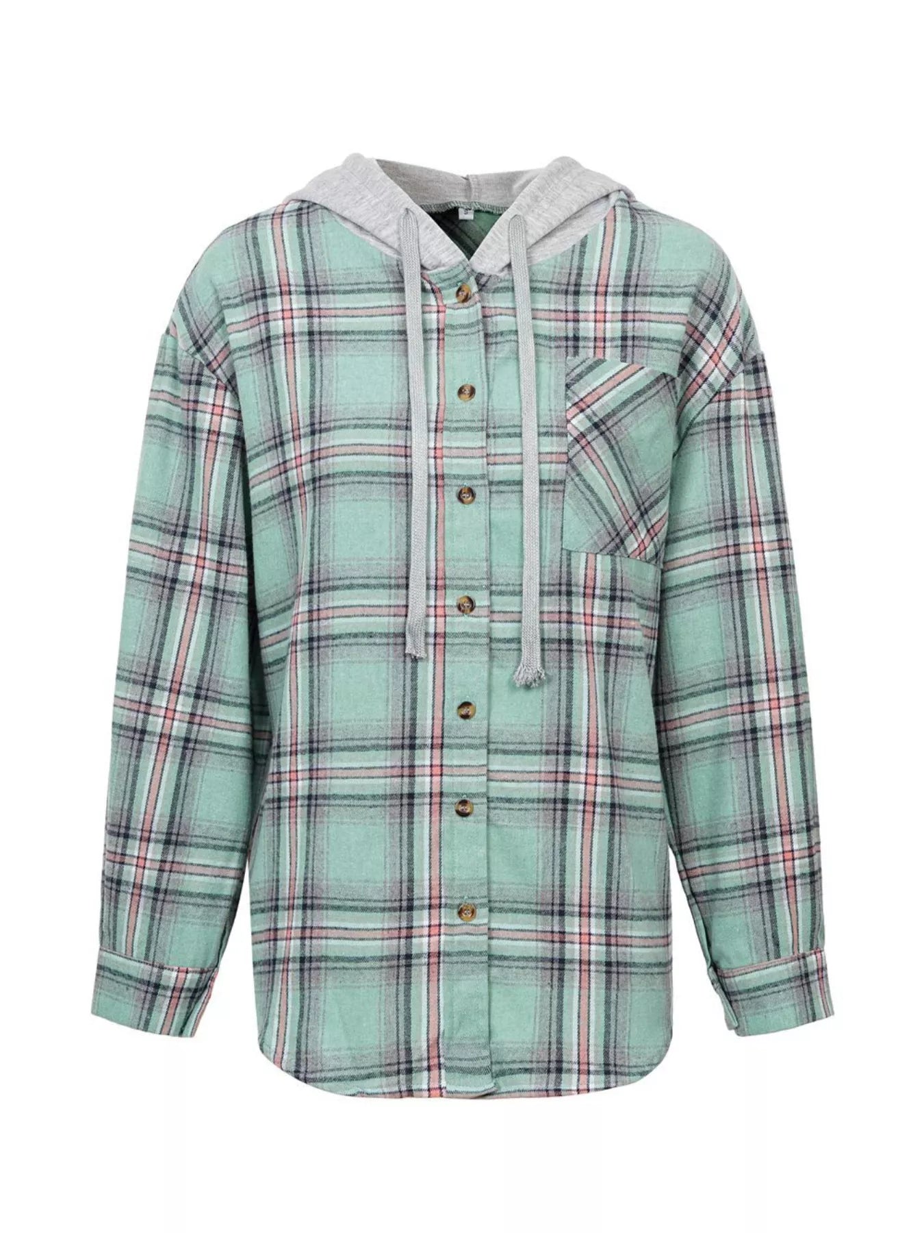Plaid Button Up Hooded Shirt Green / S