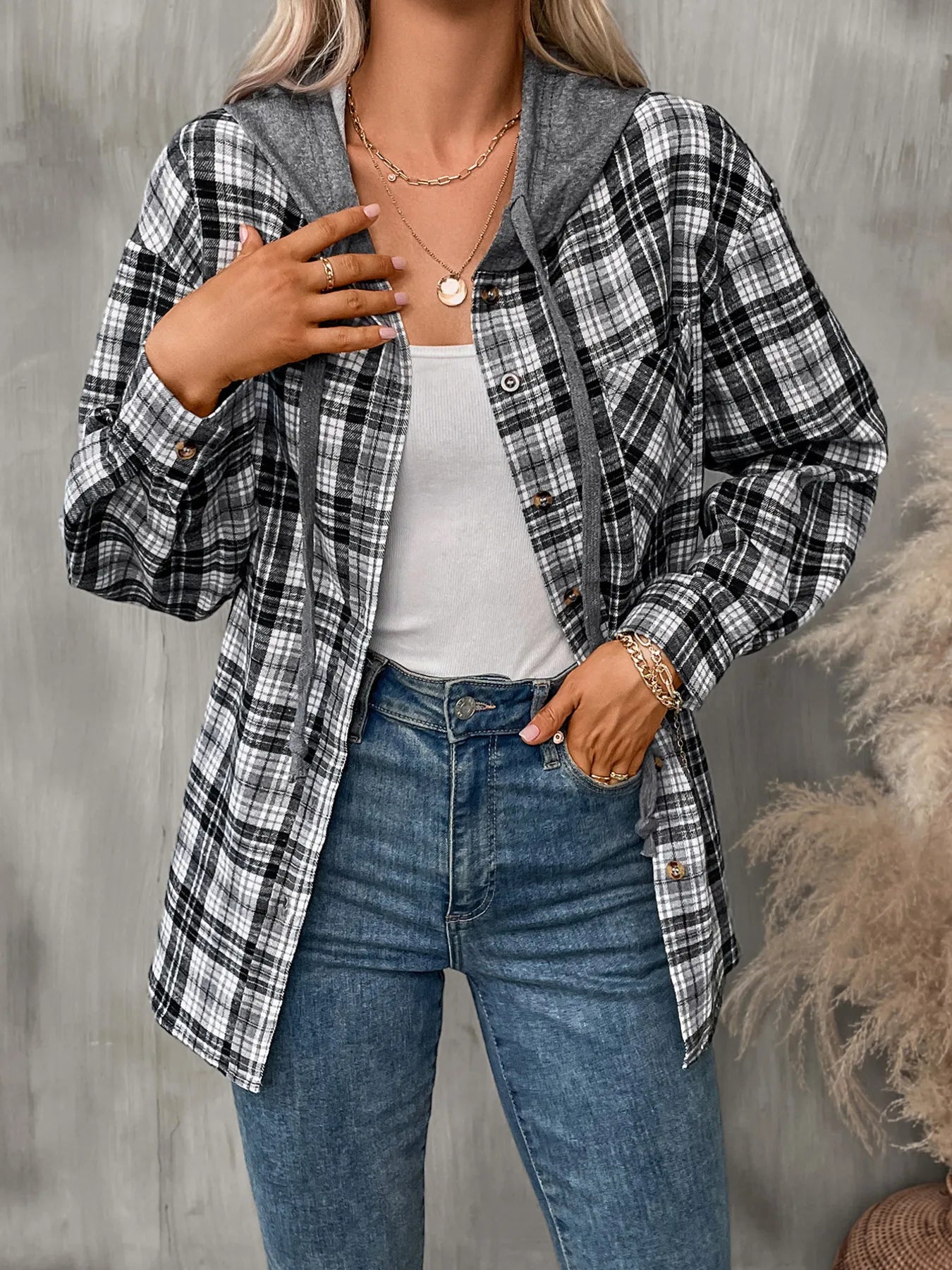 Plaid Button Up Hooded Shirt