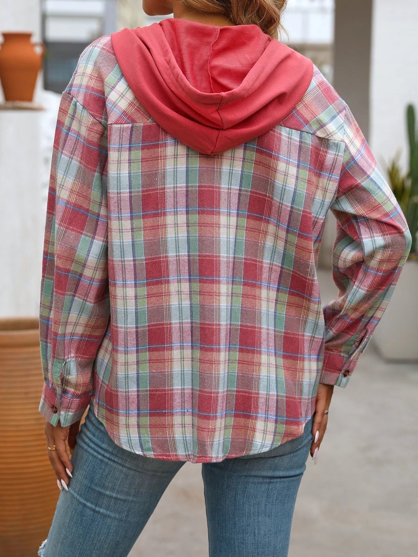 Plaid Button Up Hooded Shirt