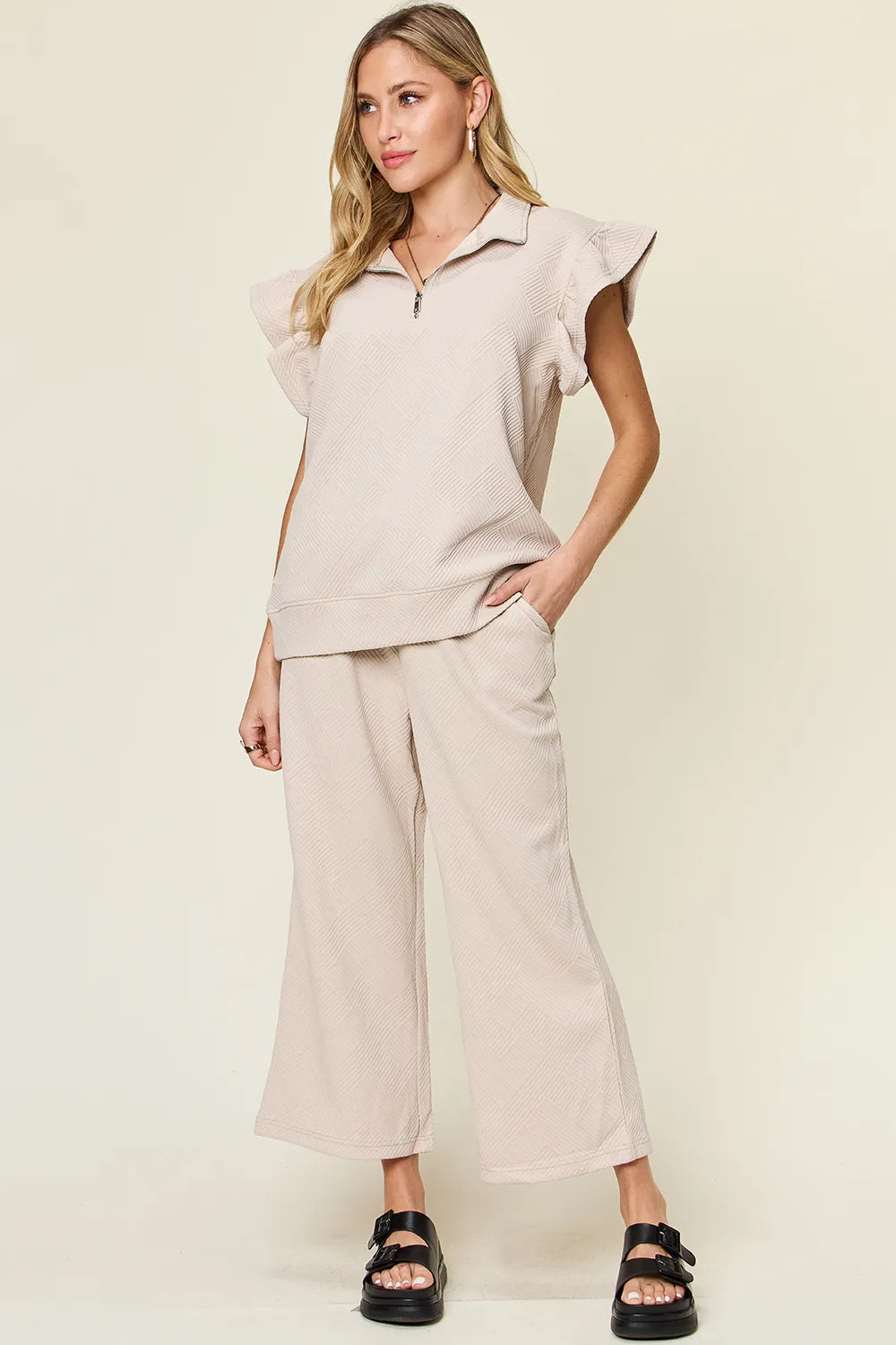 Double Take Texture Ruffle Short Sleeve Top and Drawstring Wide Leg Pants Set Dust Storm / S