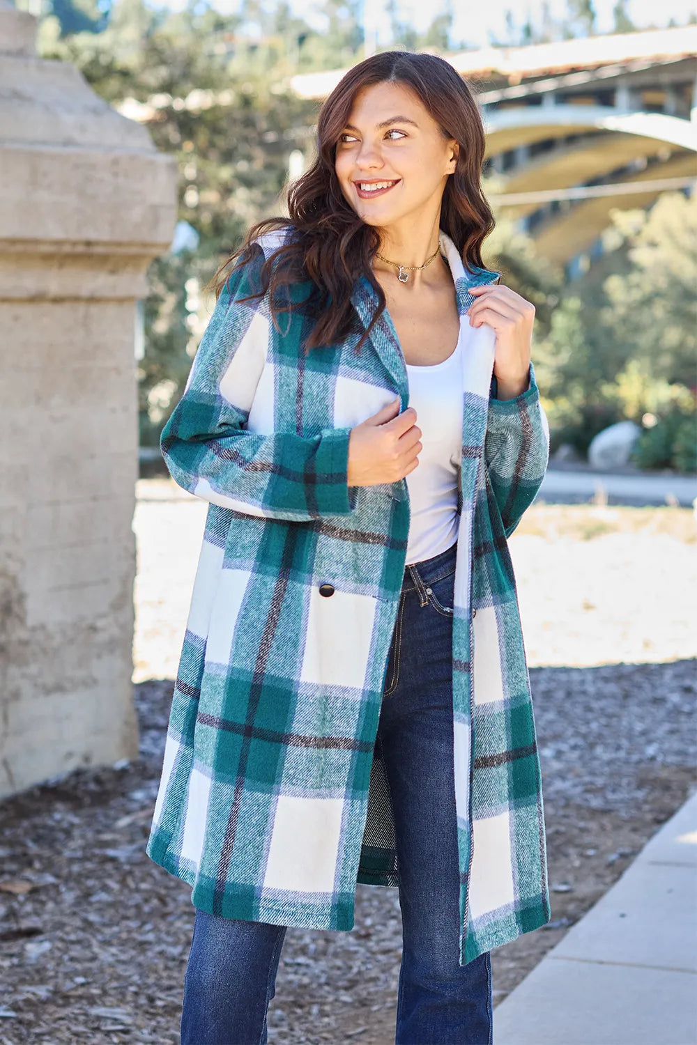Double Take Full Size Plaid Button Up Lapel Collar Coat French Blue / S