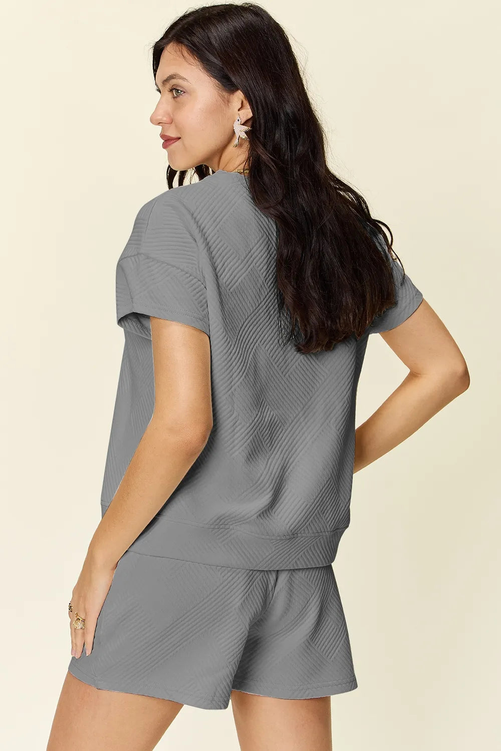 Double Take Full Size Texture Short Sleeve T Shirt and Drawstring Shorts Set