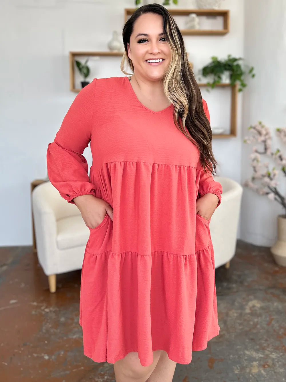 Double Take Full Size V Neck Balloon Sleeve Tiered Dress with Pockets