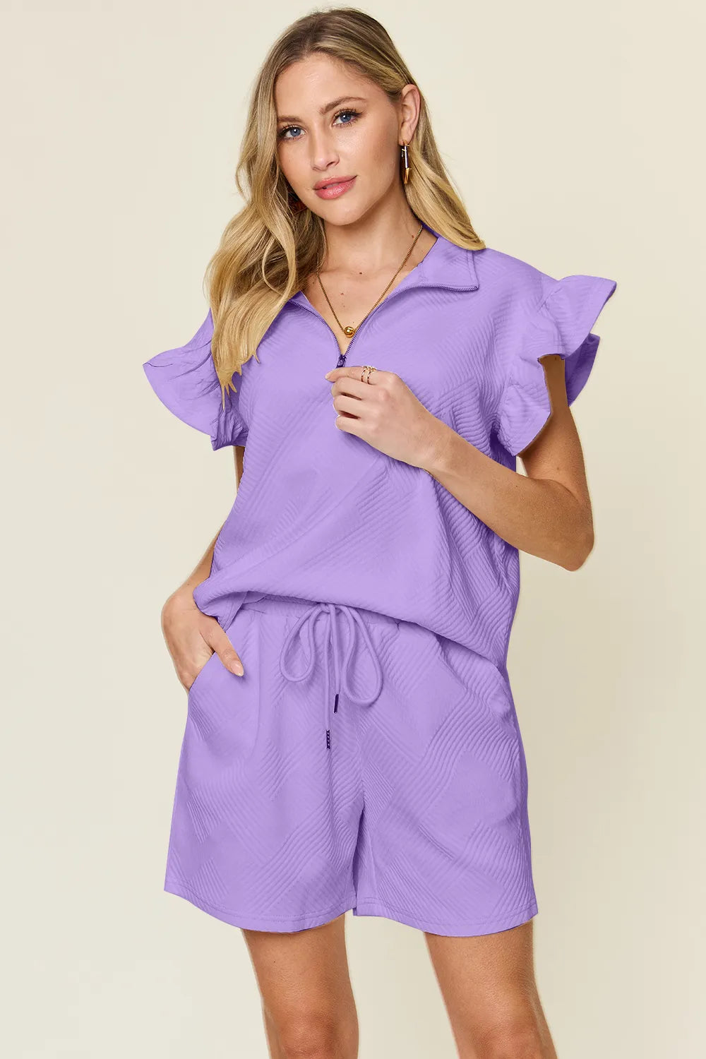 Double Take Full Size Texture Flounce Sleeve Top and Drawstring Shorts Set Lavender / S