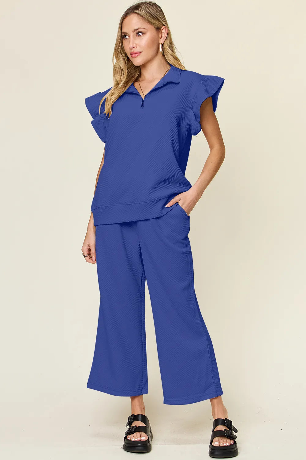 Double Take Texture Ruffle Short Sleeve Top and Drawstring Wide Leg Pants Set Royal Blue / S