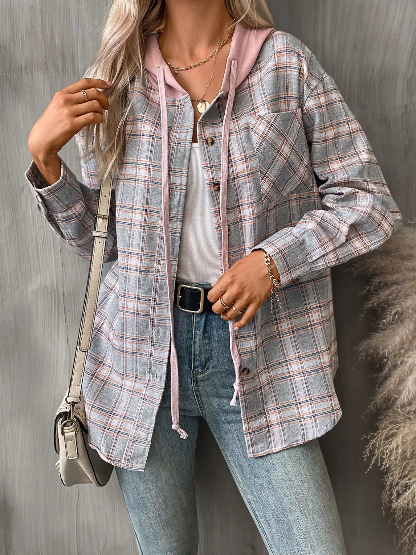 Plaid Button Up Hooded Shirt