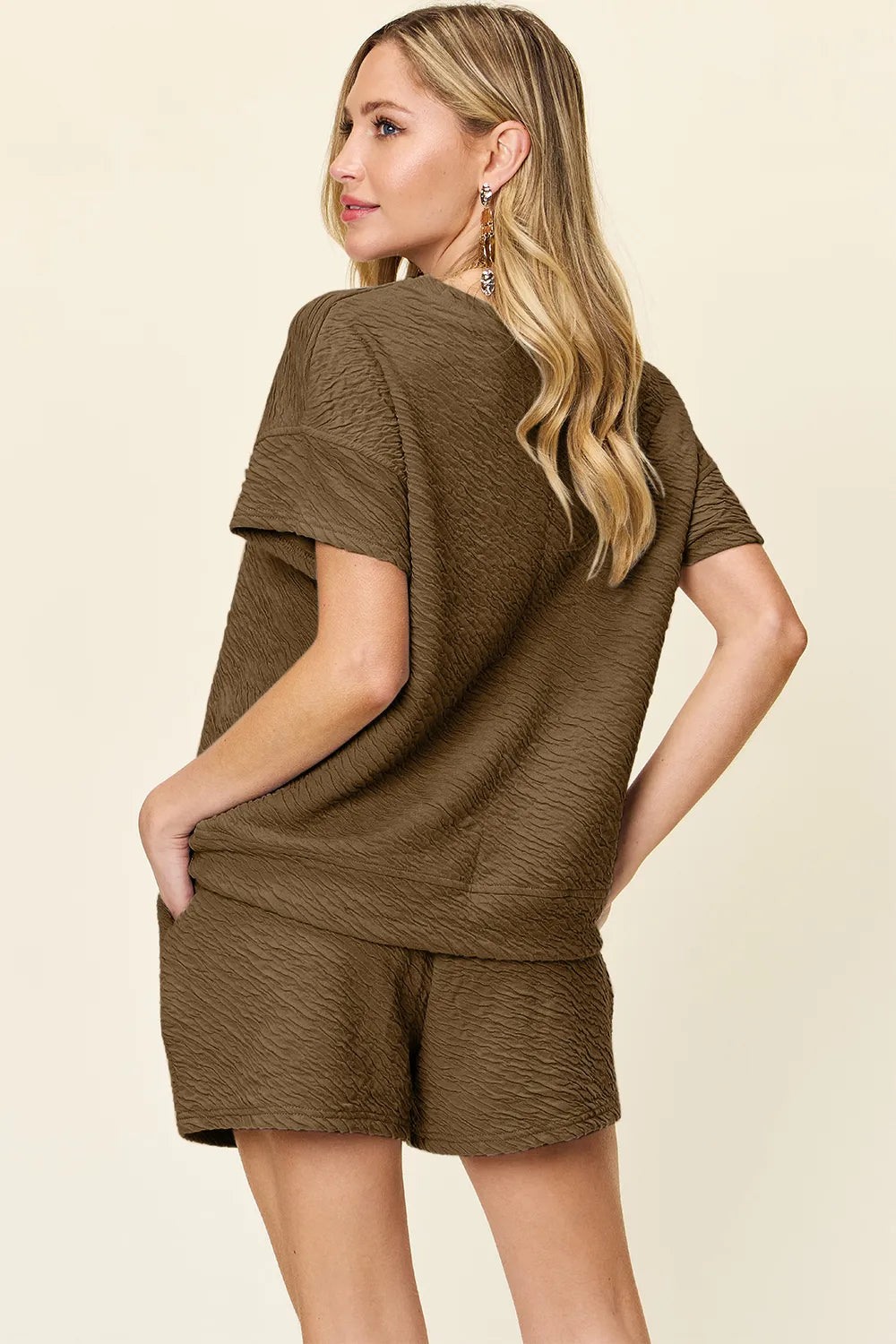 Double Take Full Size Texture Short Sleeve T Shirt and Drawstring Shorts Set