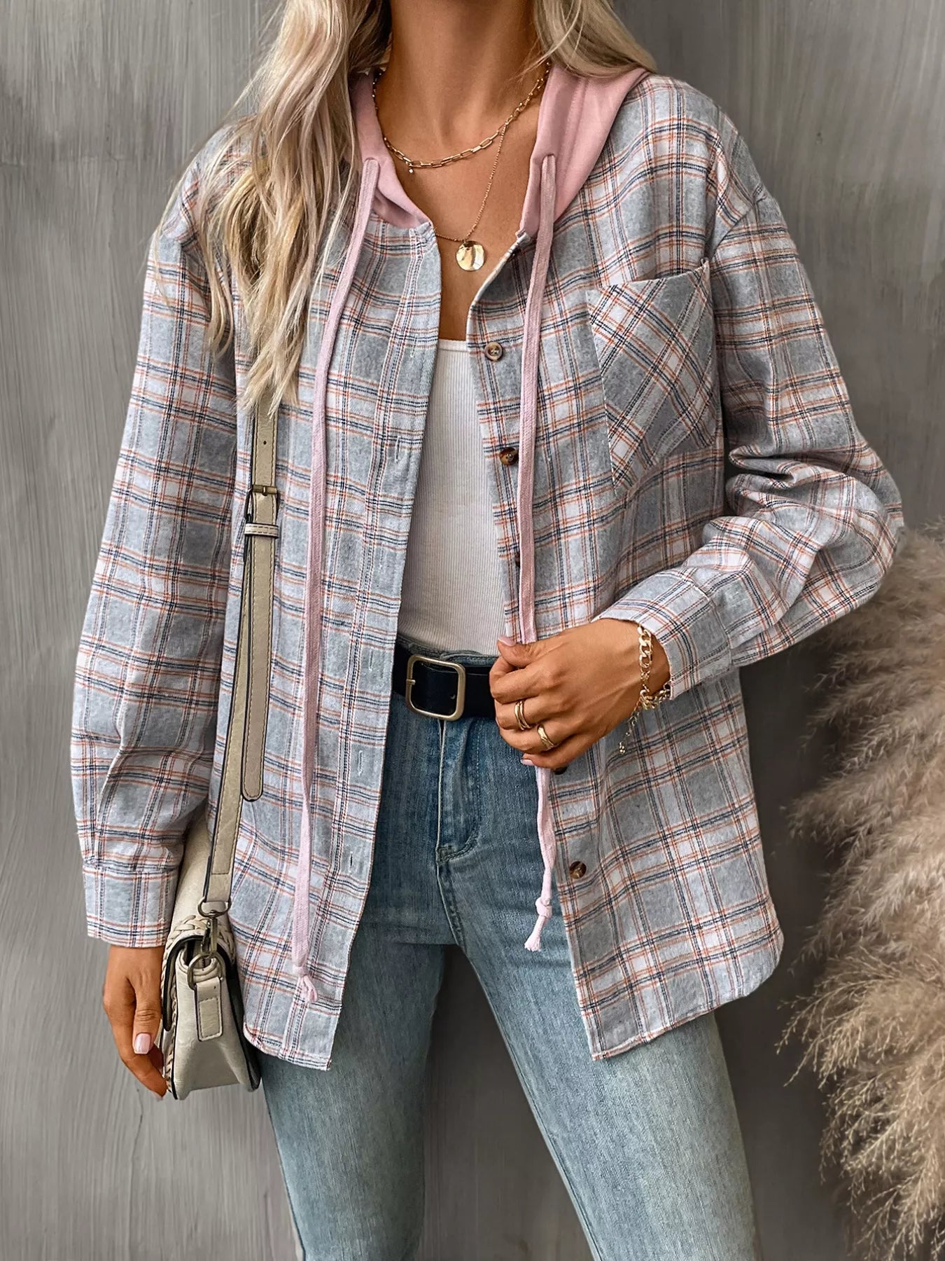 Plaid Button Up Hooded Shirt