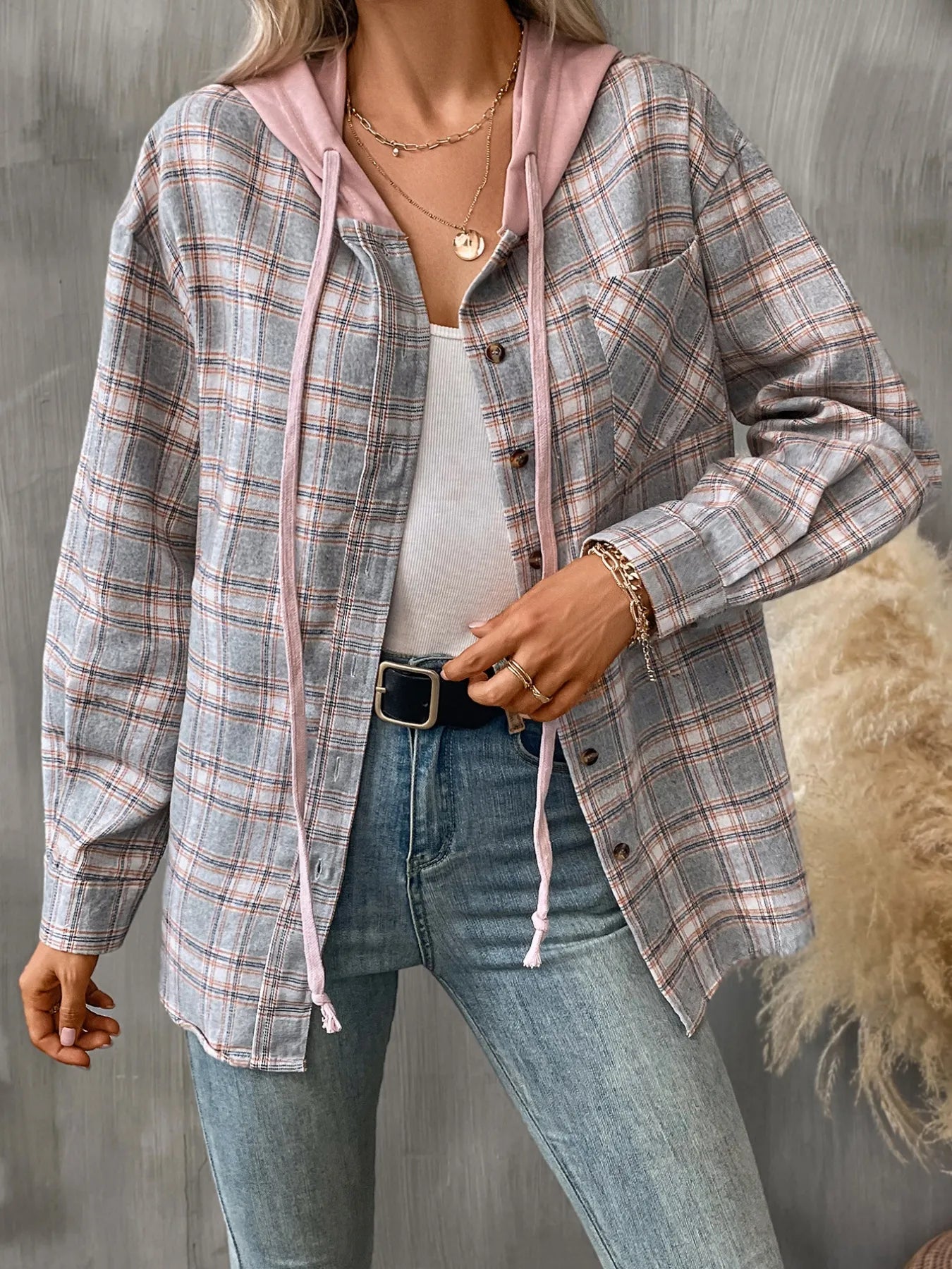 Plaid Button Up Hooded Shirt