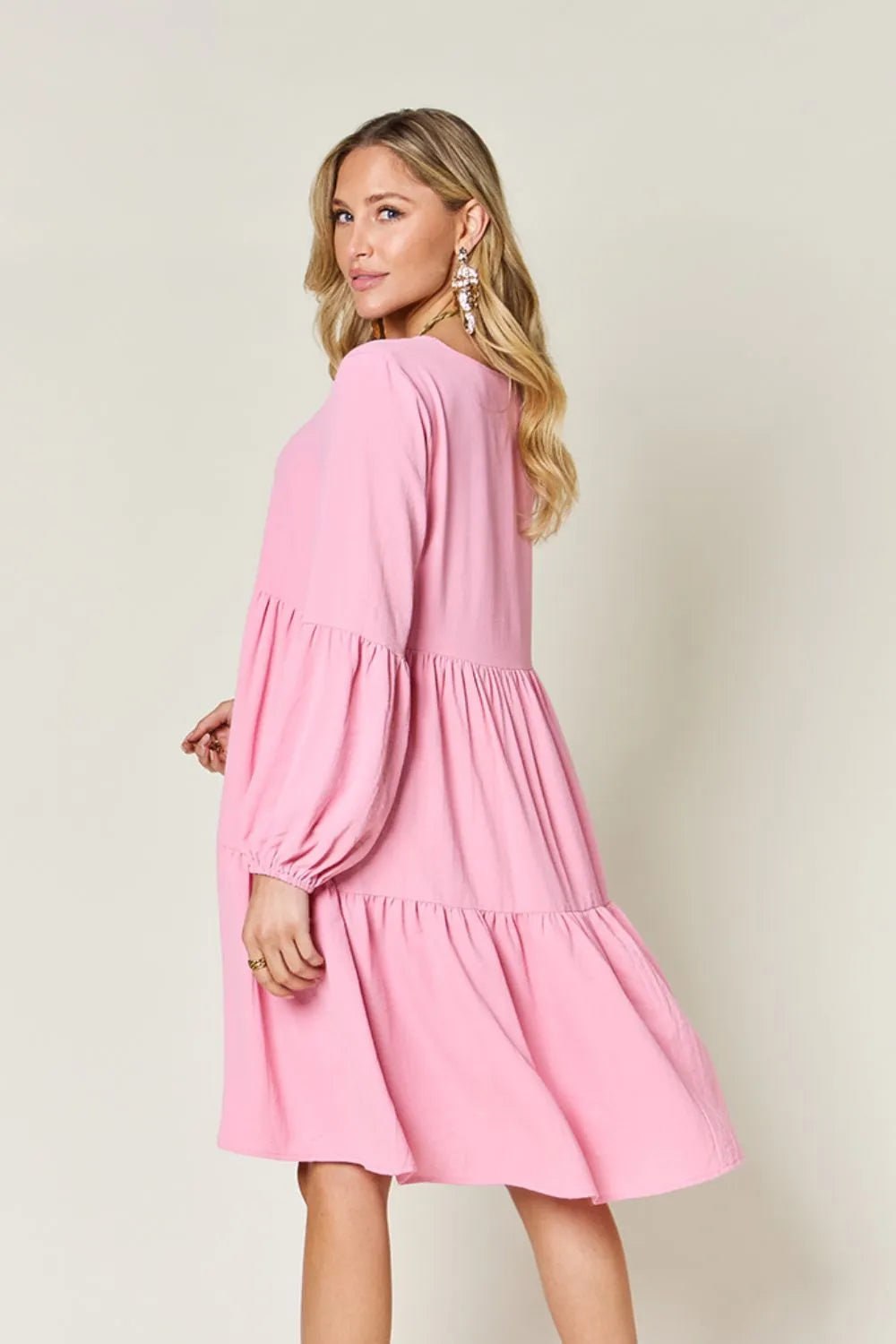 Double Take Full Size V Neck Balloon Sleeve Tiered Dress with Pockets