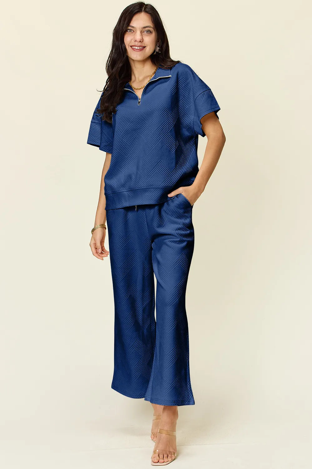 Double Take Full Size Texture Half Zip Short Sleeve Top and Pants Set Royal Blue / S
