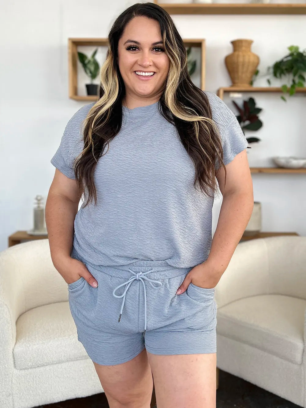 Double Take Full Size Texture Short Sleeve T Shirt and Drawstring Shorts Set