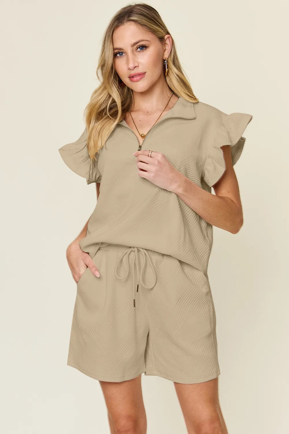 Double Take Full Size Texture Flounce Sleeve Top and Drawstring Shorts Set Khaki / S