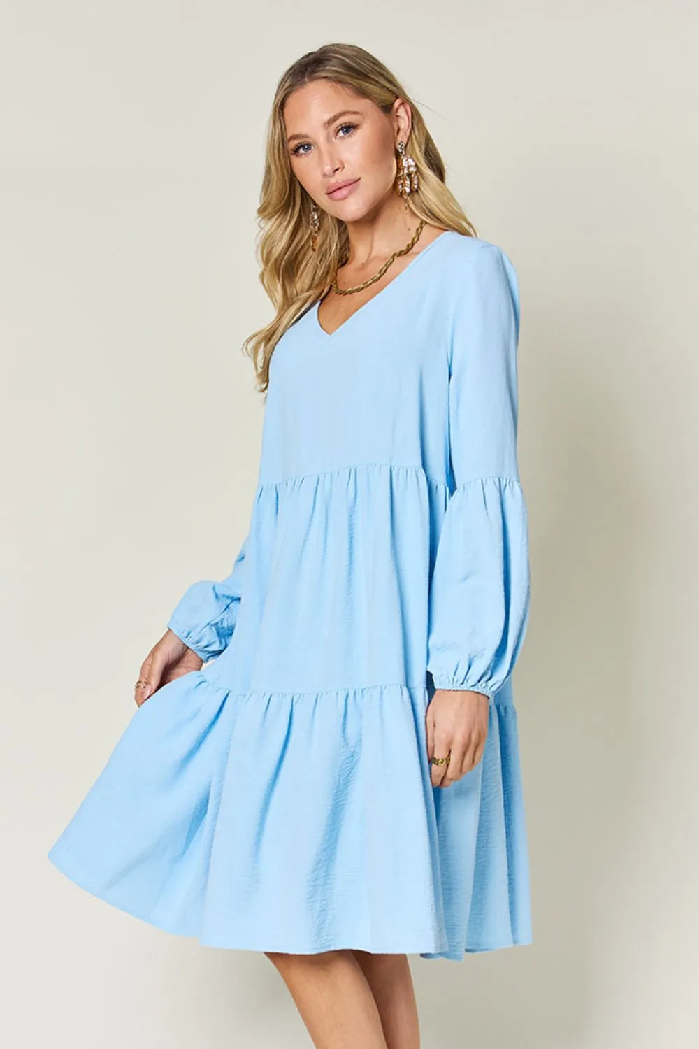 Double Take Full Size V Neck Balloon Sleeve Tiered Dress with Pockets
