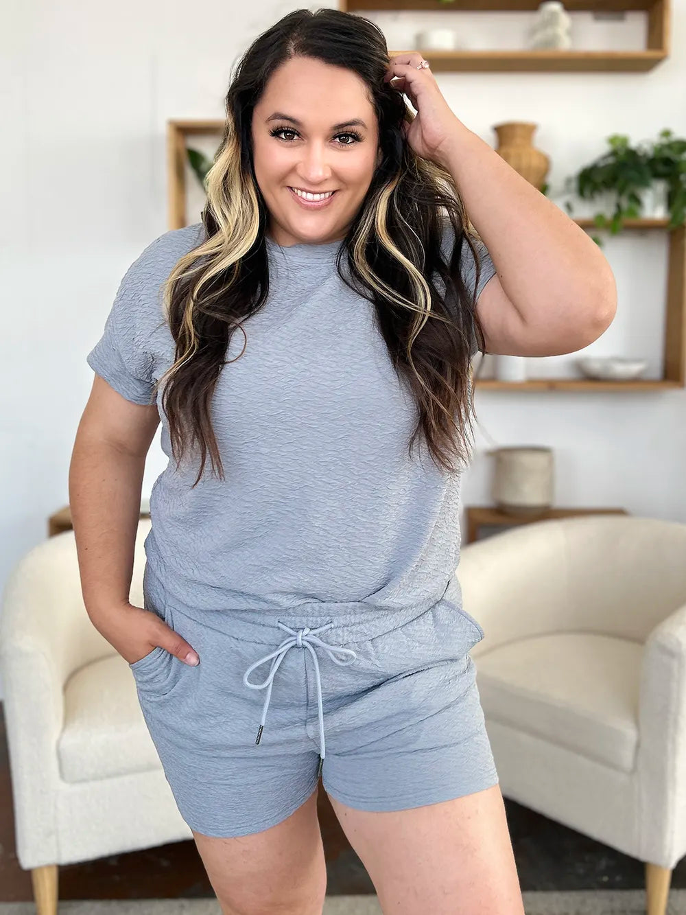 Double Take Full Size Texture Short Sleeve T Shirt and Drawstring Shorts Set