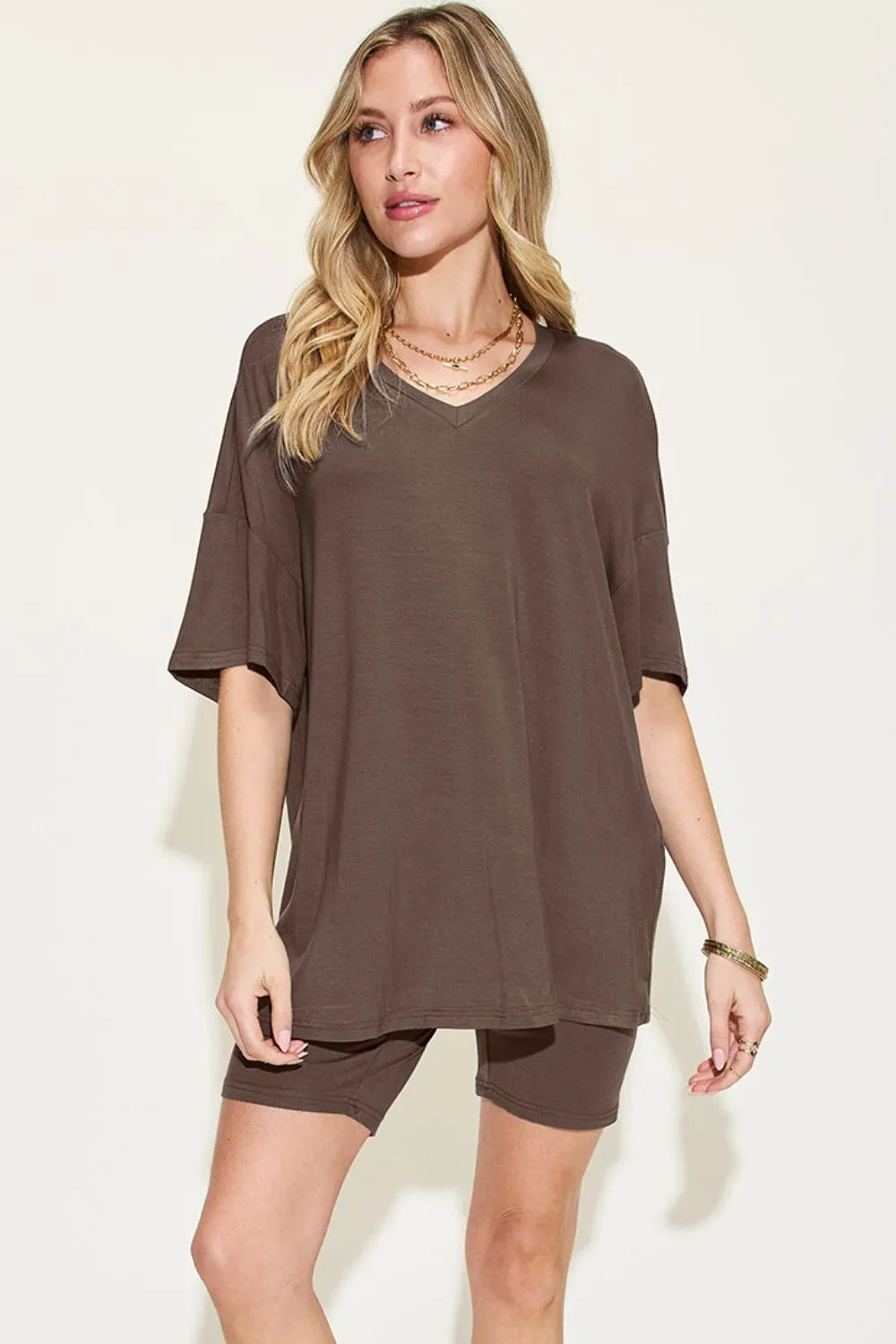 Basic Bae Full Size V Neck Drop Shoulder T Shirt and Shorts Set Chocolate / S
