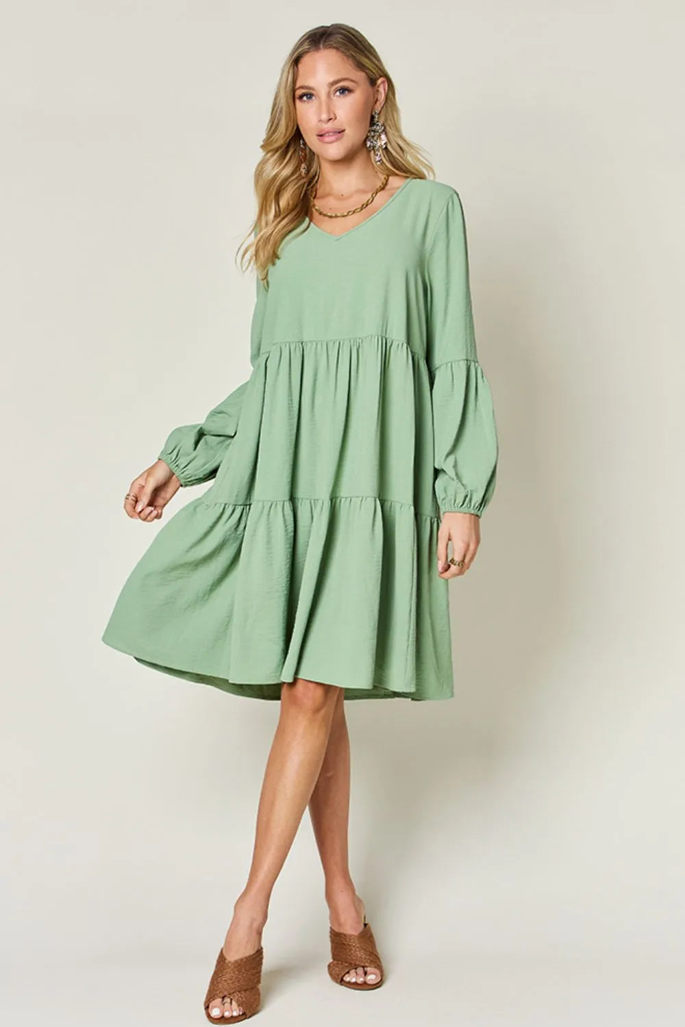 Double Take Full Size V Neck Balloon Sleeve Tiered Dress with Pockets
