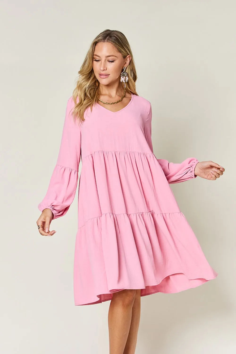 Double Take Full Size V Neck Balloon Sleeve Tiered Dress with Pockets