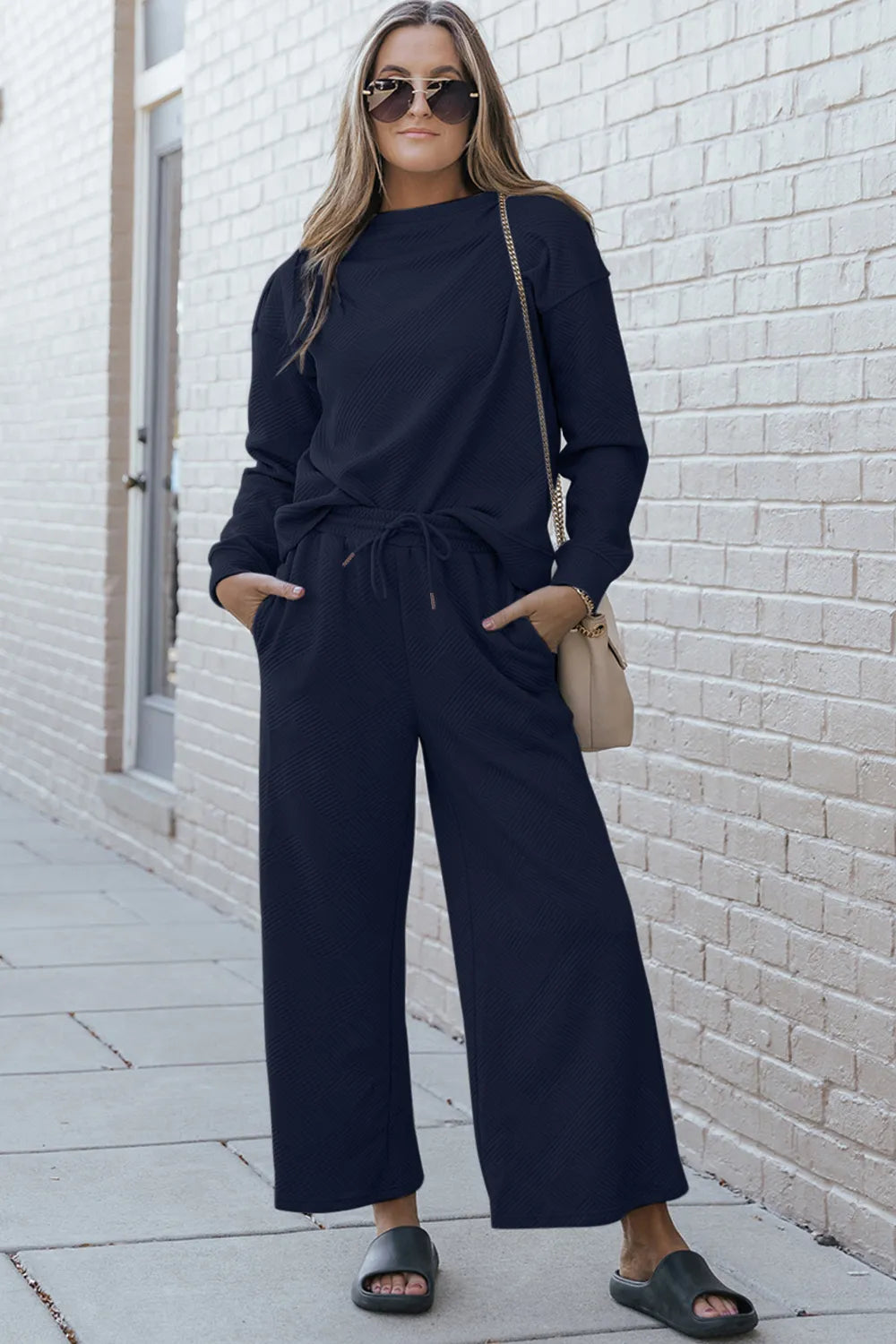 Double Take Full Size Textured Long Sleeve Top and Drawstring Pants Set Dark Blue / S