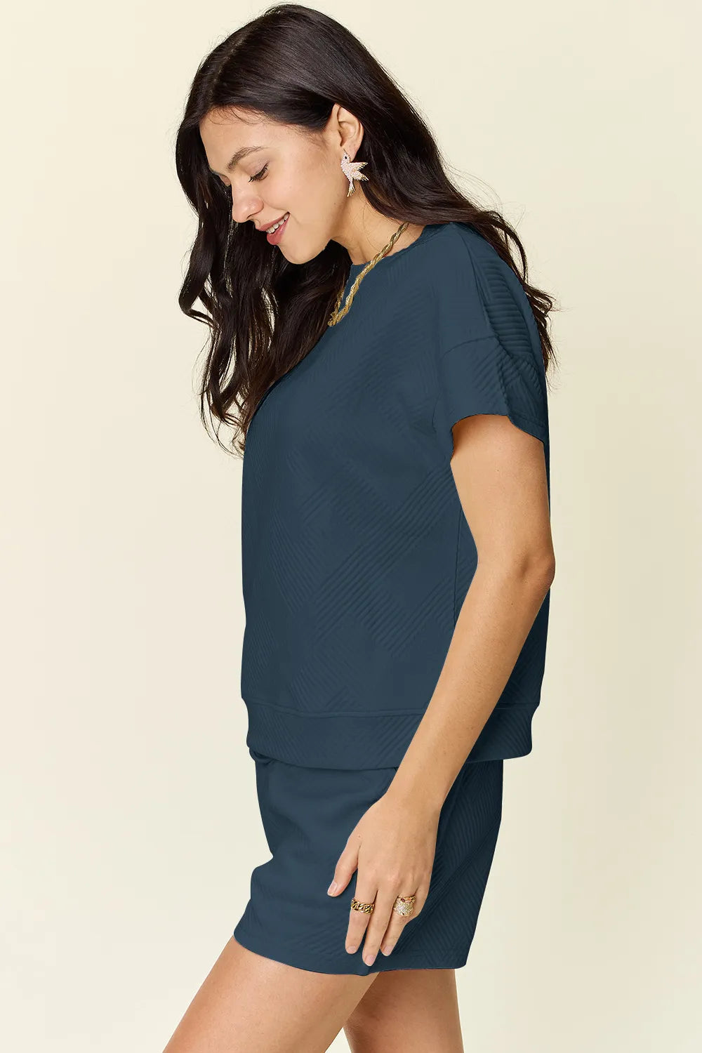 Double Take Full Size Texture Short Sleeve T Shirt and Drawstring Shorts Set