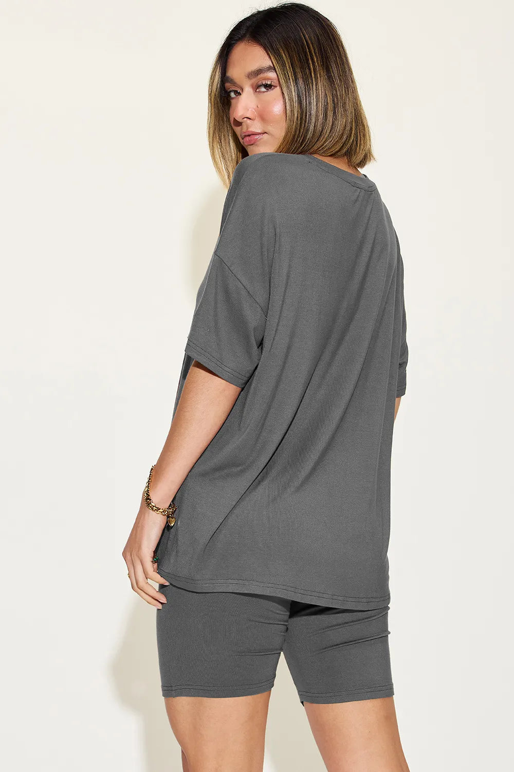 Basic Bae Full Size V Neck Drop Shoulder T Shirt and Shorts Set