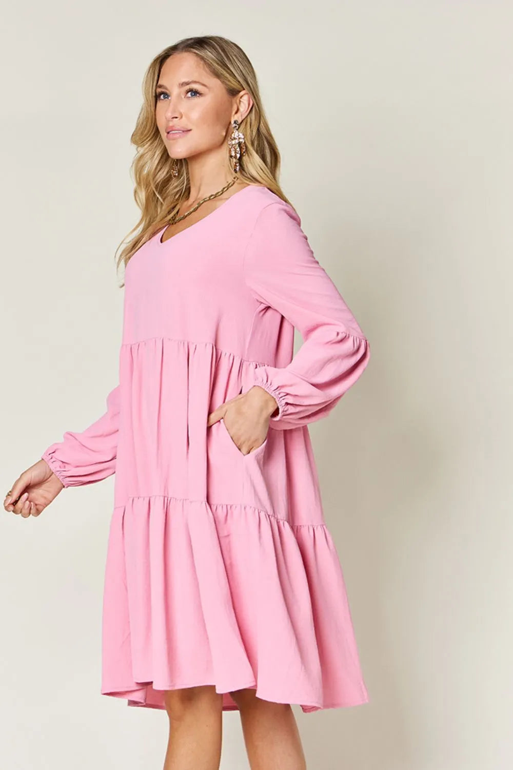 Double Take Full Size V Neck Balloon Sleeve Tiered Dress with Pockets