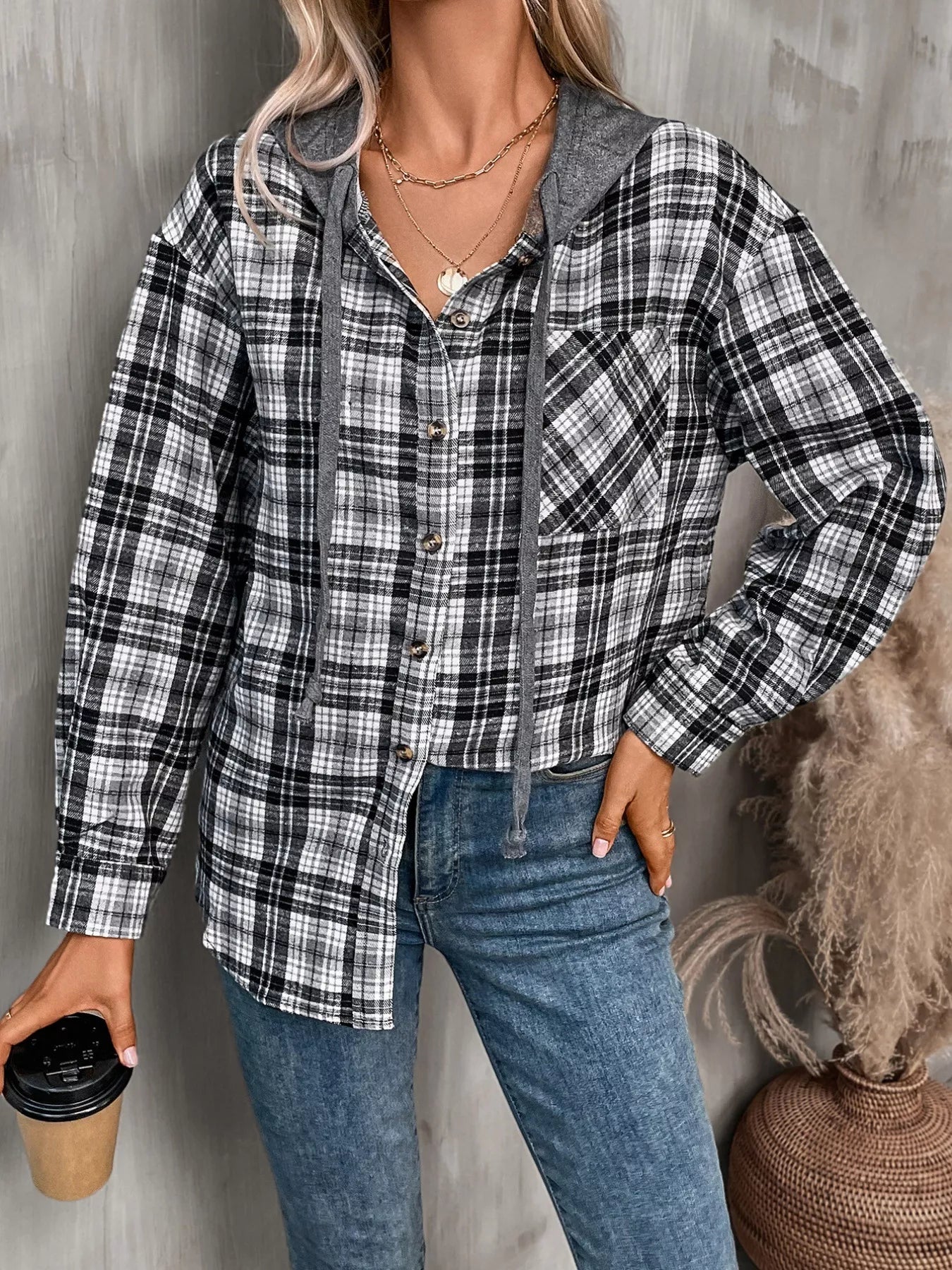 Plaid Button Up Hooded Shirt