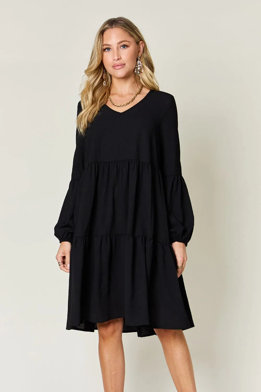 Double Take Full Size V Neck Balloon Sleeve Tiered Dress with Pockets Black / S