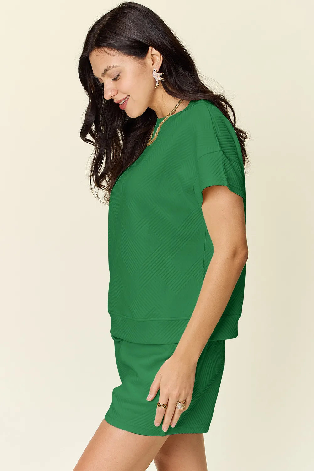 Double Take Full Size Texture Short Sleeve T Shirt and Drawstring Shorts Set