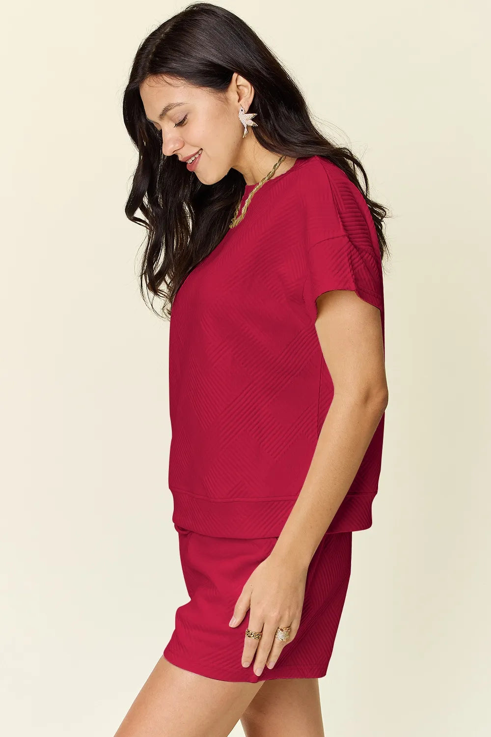 Double Take Full Size Texture Short Sleeve T Shirt and Drawstring Shorts Set