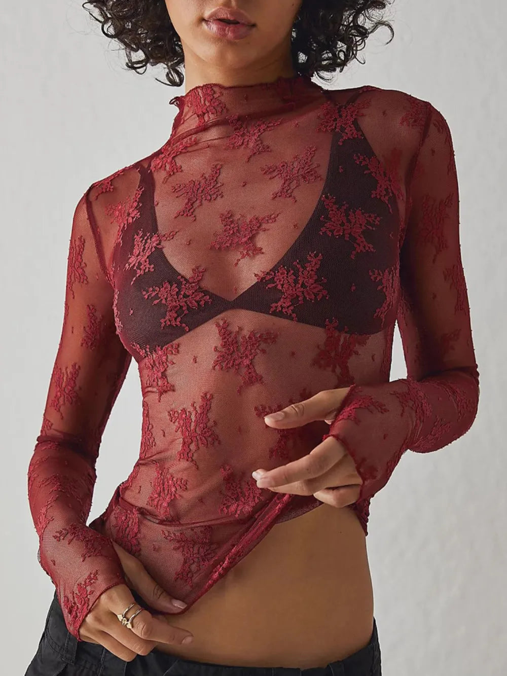 Lace Mock Neck Long Sleeve Blouse Burgundy / S