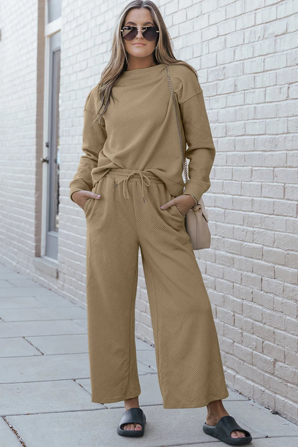 Double Take Full Size Textured Long Sleeve Top and Drawstring Pants Set Khaki / S