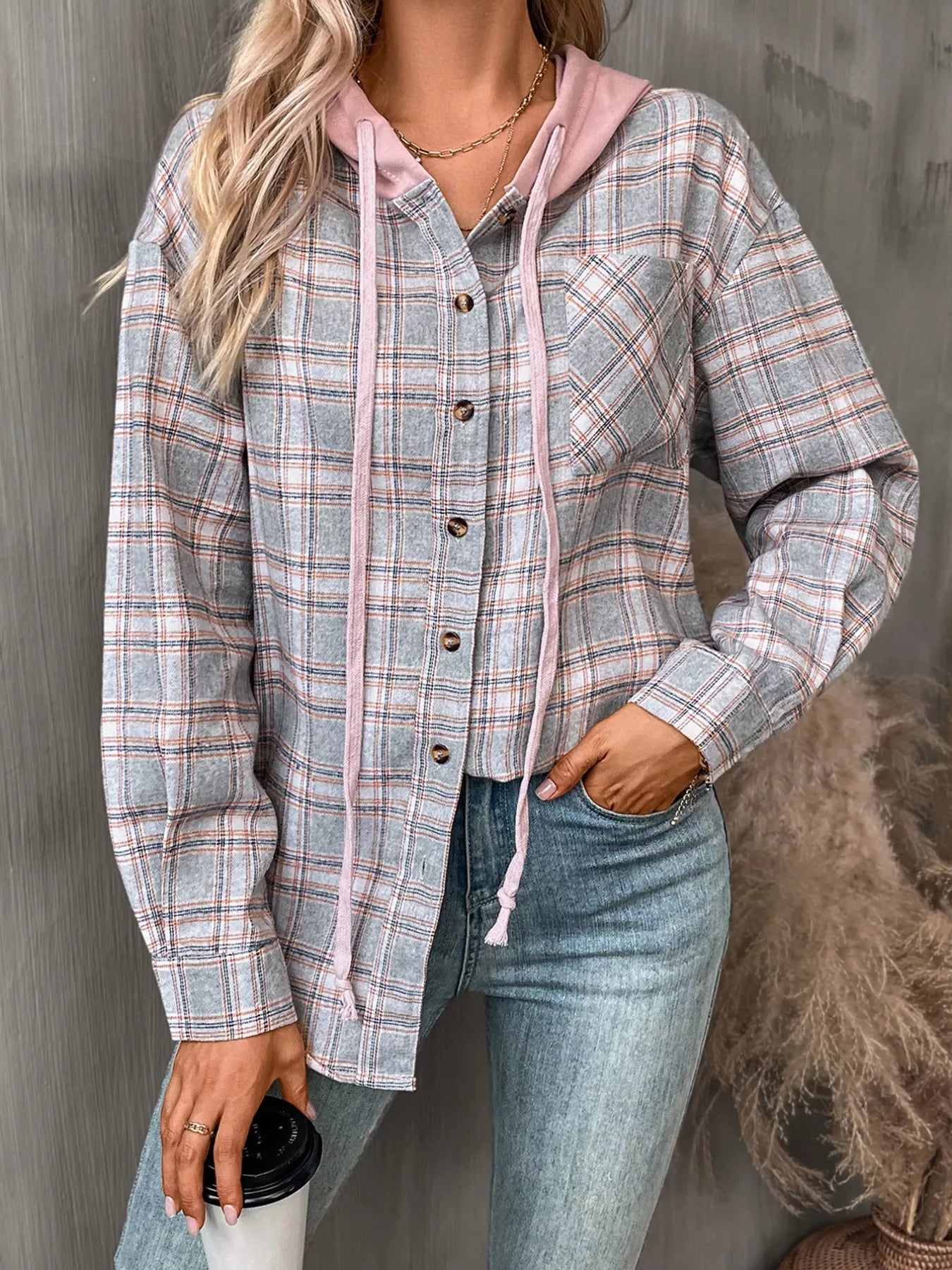 Plaid Button Up Hooded Shirt
