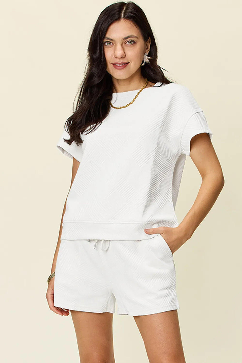 Double Take Full Size Texture Short Sleeve T Shirt and Drawstring Shorts Set White / S