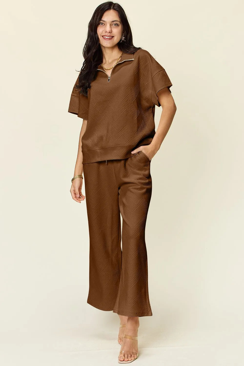 Double Take Full Size Texture Half Zip Short Sleeve Top and Pants Set Mocha / S
