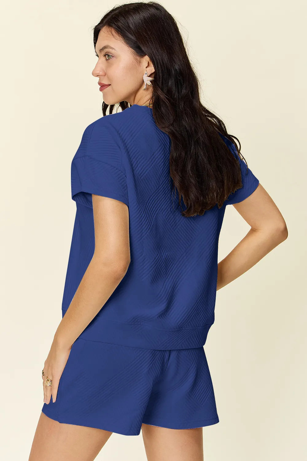 Double Take Full Size Texture Short Sleeve T Shirt and Drawstring Shorts Set