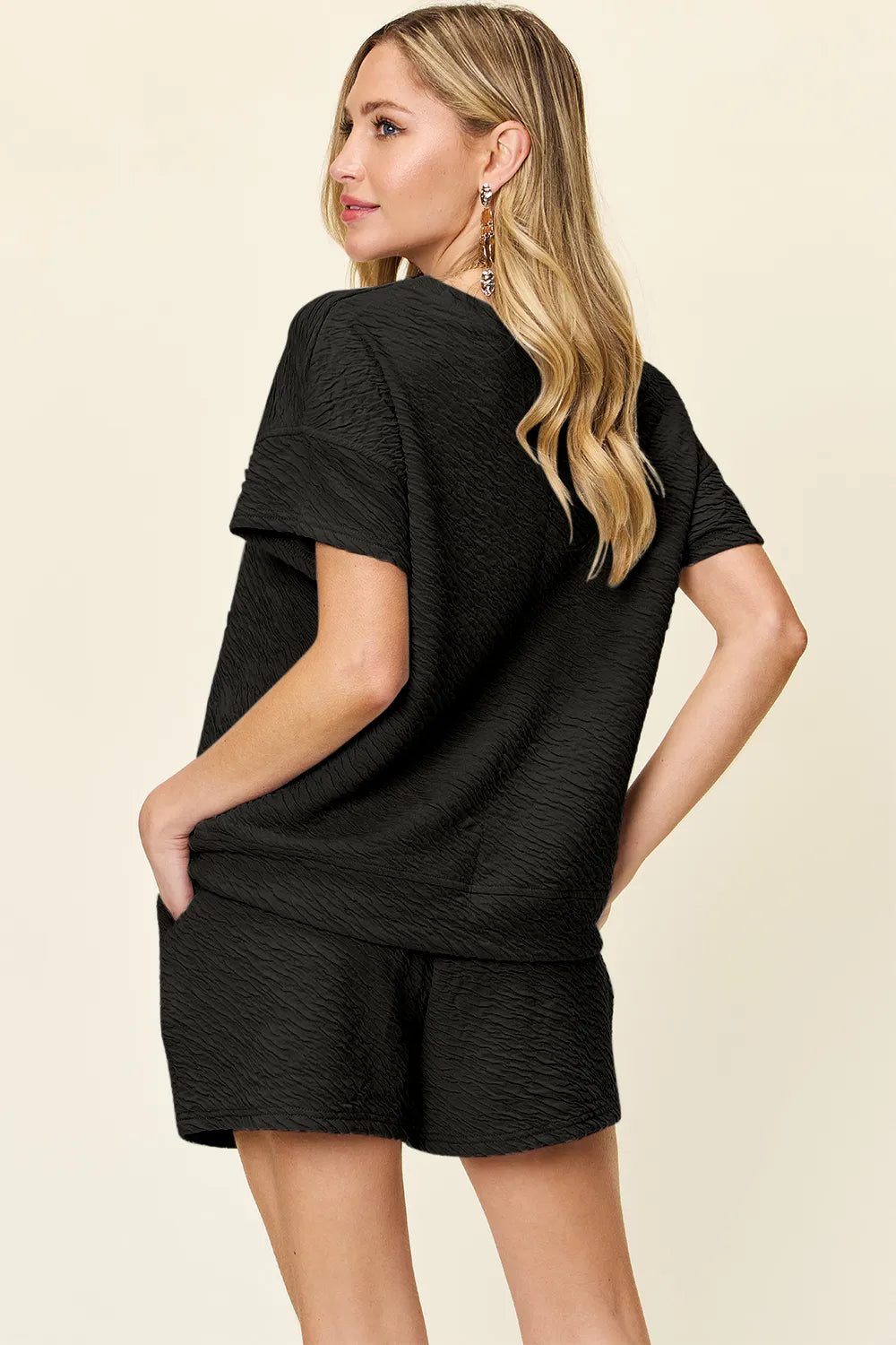 Double Take Full Size Texture Short Sleeve T Shirt and Drawstring Shorts Set