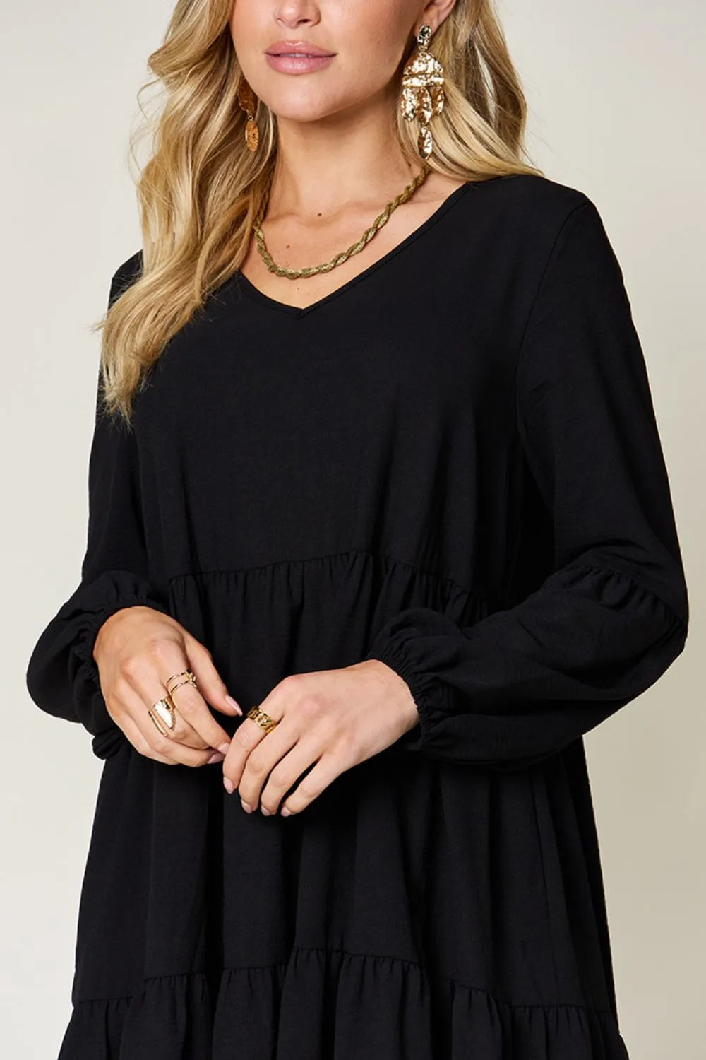 Double Take Full Size V Neck Balloon Sleeve Tiered Dress with Pockets