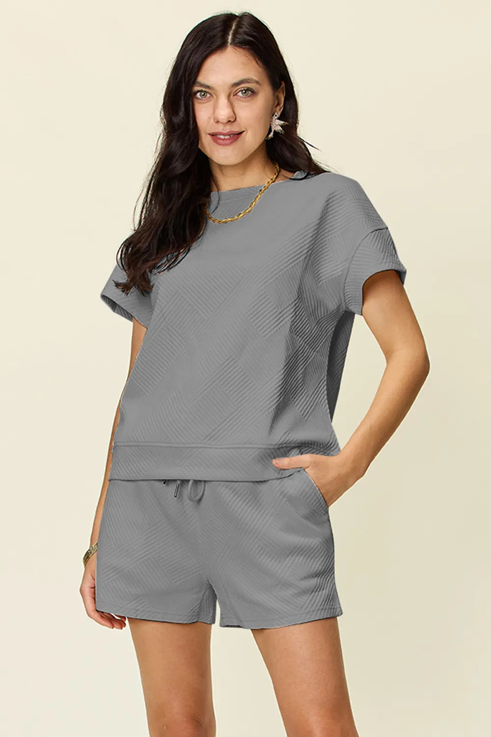 Double Take Full Size Texture Short Sleeve T Shirt and Drawstring Shorts Set Gray / S